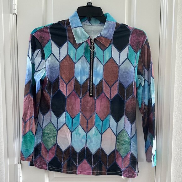 Geometric Print Long Sleeve Quarter-Zip Top With Ring Pull For Women - Picture 1 of 5